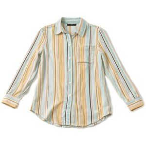 Rachel Zoe Striped Tunic Shirt Button Front Long Sleeve Green Pink Size M